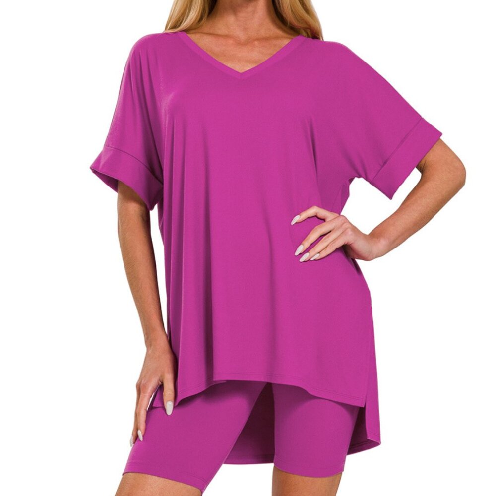 #314 BRUSHED MICROFIBER V-NECK HI-LOW HEM TOP & BIKER SHORTS SET